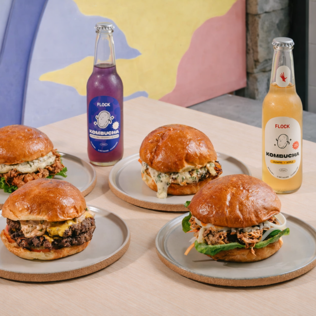 Juicy homemade burger served at FLOCK Bali in Ubud